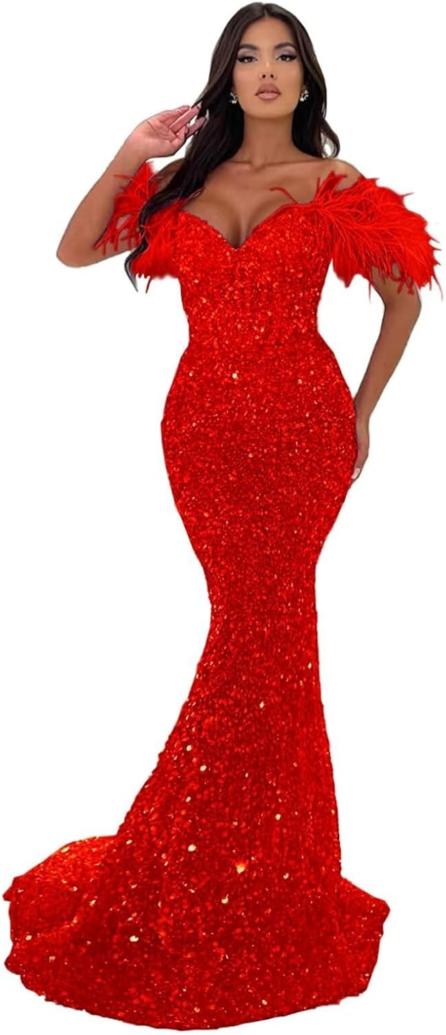 Sequin Feathers Mermaid Prom Dresses 2026 Off Shoulder Sparkly Long Formal Evening Party Gowns with Train - Image 4
