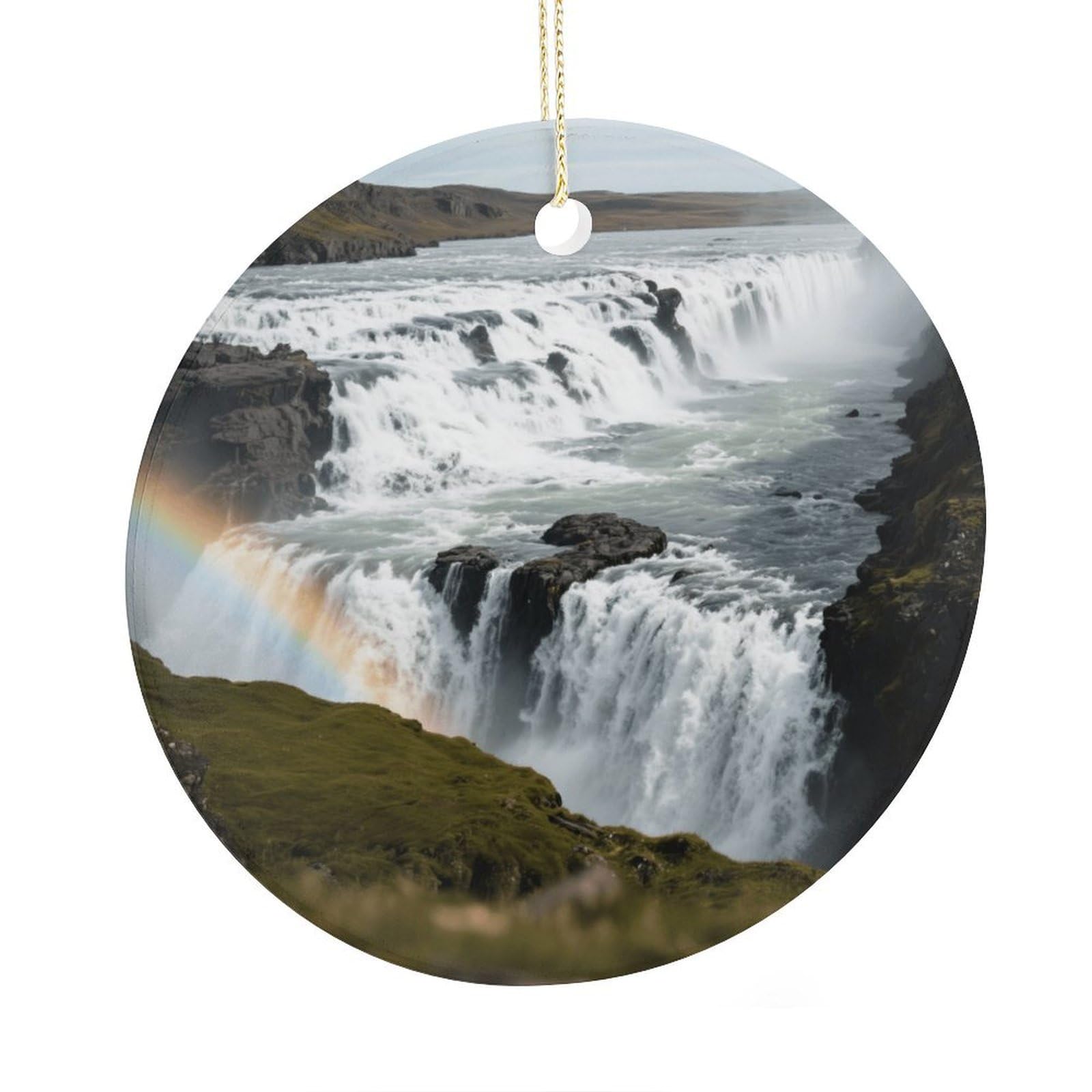 Fekiloot Style Golden Waterfall Rainbow Christmas Ornaments 2.9 Inch Round Ceramic Ornament Keepsake Thank You Gifts For Office, Room, Home - Holiday Present Ideas