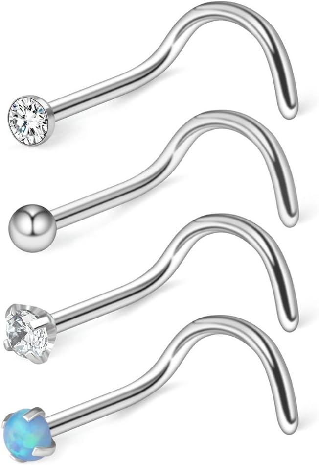 Ruifan 20G Surgical Steel Heart Flat Ball Opal Clear Diamond CZ Nose Stud Rings Bone L-Shaped Screw Piercing Jewelry 4-20PCS