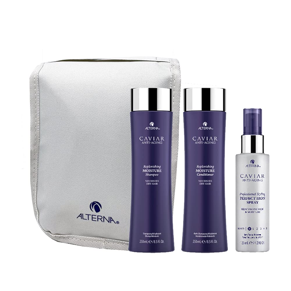 Alterna Caviar Anti-Aging Replenishing Moisture Trio Gift Set For Dry, Brittle Hair | Shampoo, Conditioner, and Perfect Iron Spray With Hanging Travel Bag, 21.2 fl. oz.