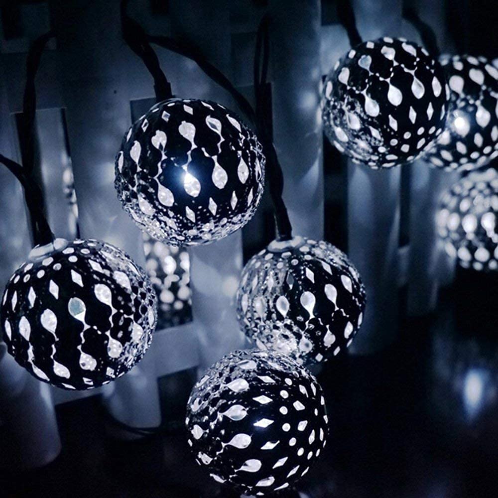 AZHU Solar Morocco Light Ball, Moroccan String Light 12m 100LED Solar Morocco Ball Outdoor String Light with 8 Modes Waterproof Garden Light (7m 50LED, Positive White)