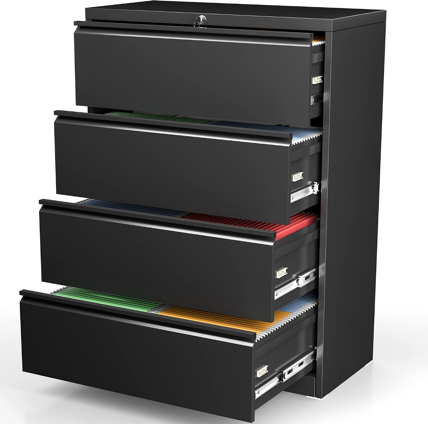 INTERGREAT Black Lateral File Cabinet with Lock, 4 Drawer lateral Filing Cabinet for Legal/Letter A4 Size, Locking Metal Wide File Cabinet for Home Office, 0 Screw Assembled