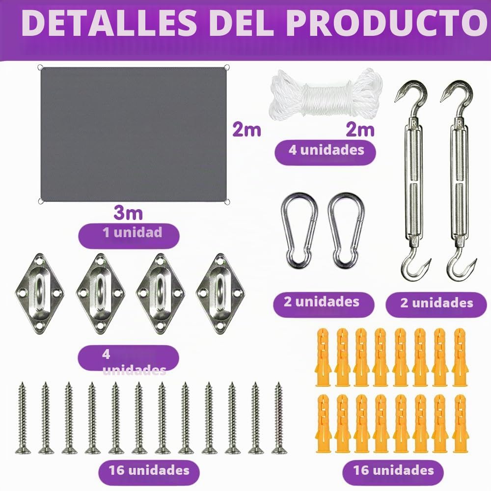 Toldo Impermeable de 2 x 3 m con fijación, toldo Rectangular con Ojales, para balcón, protección UV, protección Solar, Resistente a la Intemperie, para terraza, jardín, Piscina