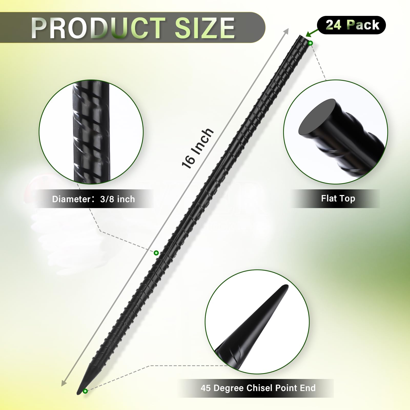 Gbekery Lot de 24 piquets d'armature droits de 40,6 cm en métal robuste avec extrémités biseautées pour bois, béton, support de plantes, tentes de camping, piquets de jardin de 0,9 cm d'épaisseur