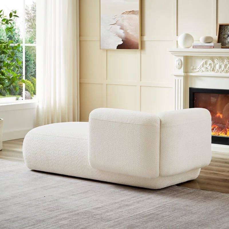 Image of Boucle Fabric Upholstered Samuel Diwan, Couch, Chaise Lounge, Settee, Sofa, Chaise Lounge, White