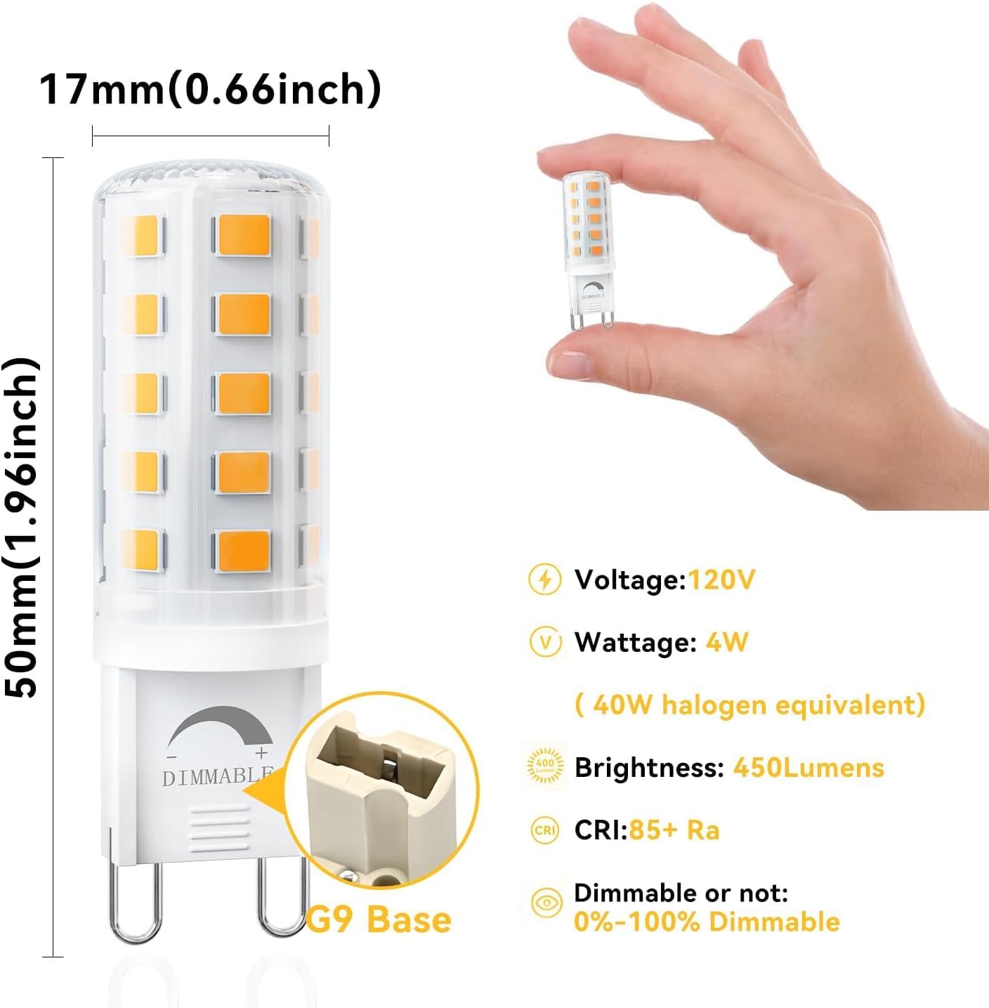 dalattin 24 Pack Dimmable G9 LED Bulb 4W Equivalent 40 Watt, 3000K Warm White, T4 G9 Bi-pin Base Halogen Replacement, G9 Socket Light Bulb for Chandelier Wall Sconce, 450LM, 120V