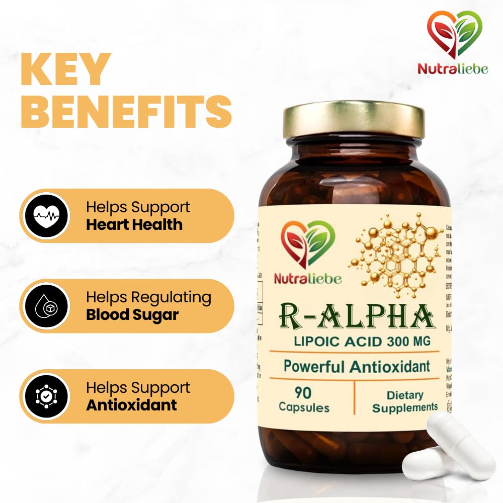 NutraLiebe R-Alpha Lipoic Acid (Thiotic Acid) 300mg - High Potency, Non-GMO, Antioxidant Support, 90 Capsules - Image 3 thumbnail