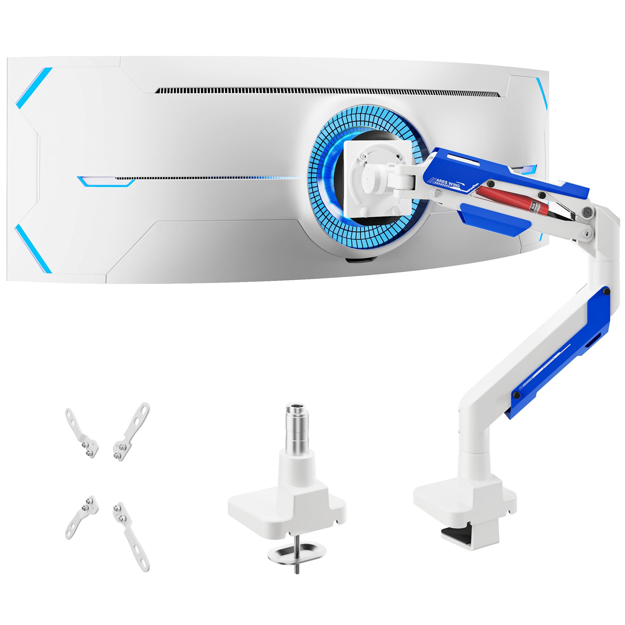 ARES WING Supporto per monitor Ultrawide 24 – 57 pollici, Bianco | braccio per monitor con molla a gas, altezza regolabile, portata massima 30 kg, VESA max fino a 200 x 200