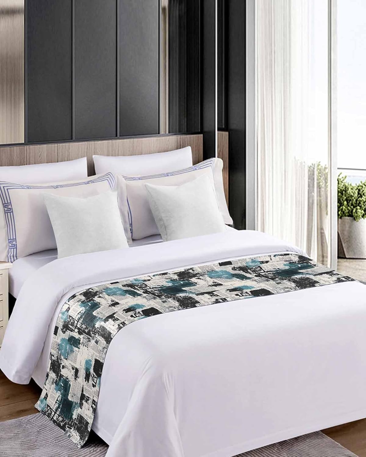 Blue Black Bed Runner Scarf Twin Size, Vintage Shabby Chic Newspaper Texture Art Luxury Bed Throw Runners & Scarves for Twin Full Queen King Foot of Bed, Bedroom Hotel Wedding Room Decoration, 71"x20"