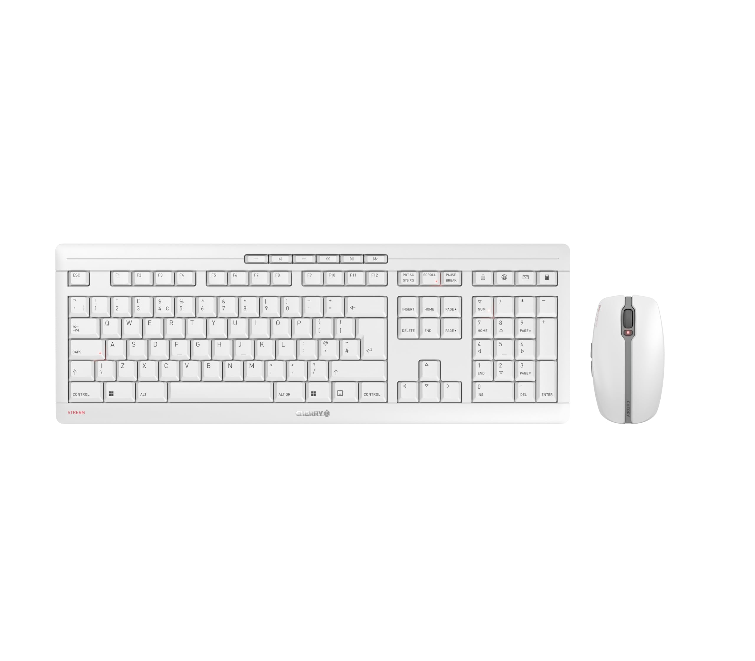 CHERRYSTREAM DESKTOP RECHARGE, Wireless Desktop Set, UK Layout (QWERTY), 2.4 GHz RF, Quiet Keystrokes, Rechargeable, White-Grey