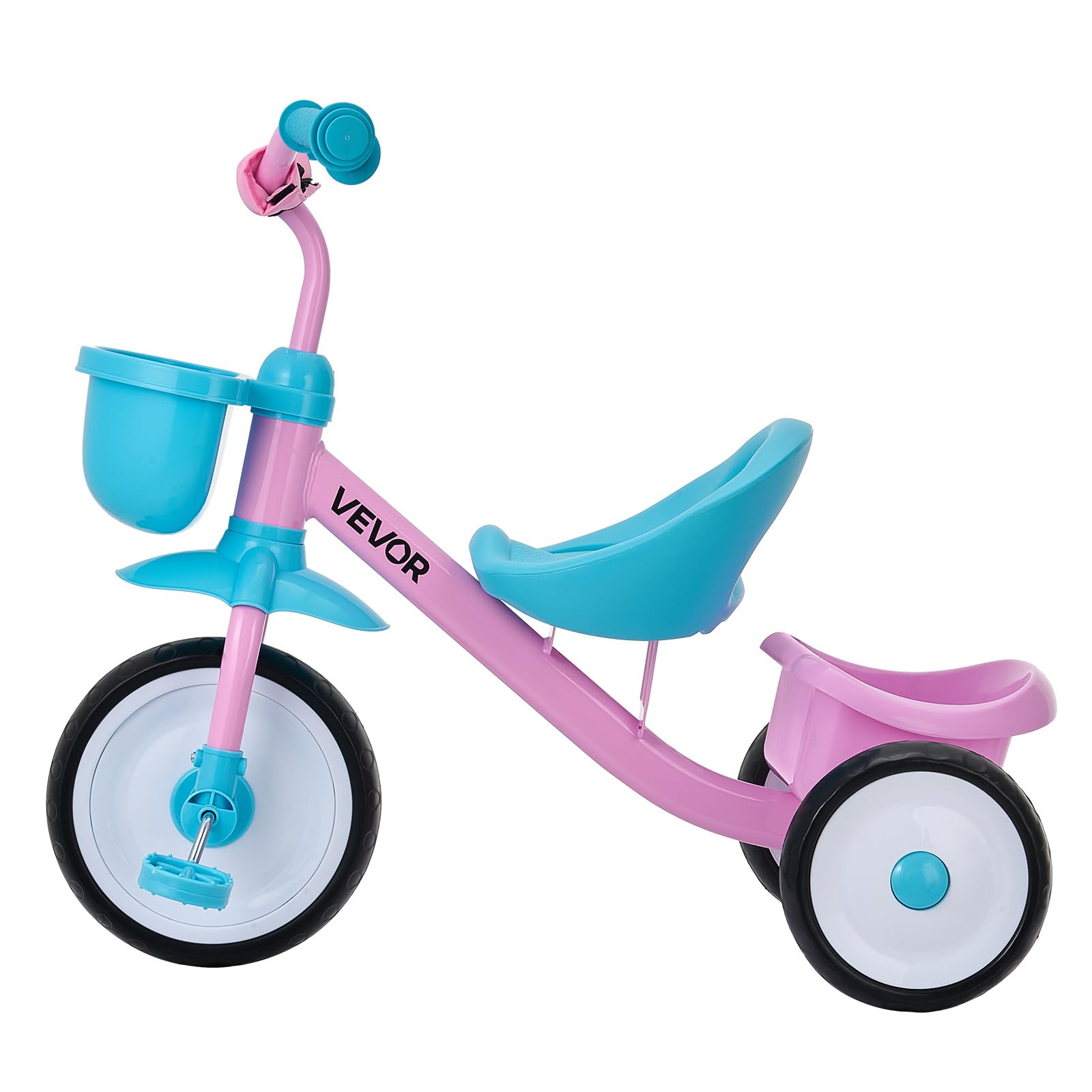 VEVOR Triciclo per Bambini da 2 a 5 Anni, Triciclo con Sedile Regolabile Cestino Posteriore Portaoggetti Telaio in Acciaio al Carbonio, Triciclo per Bambini con Manubrio Ruote in EVA, Rosa + Blu