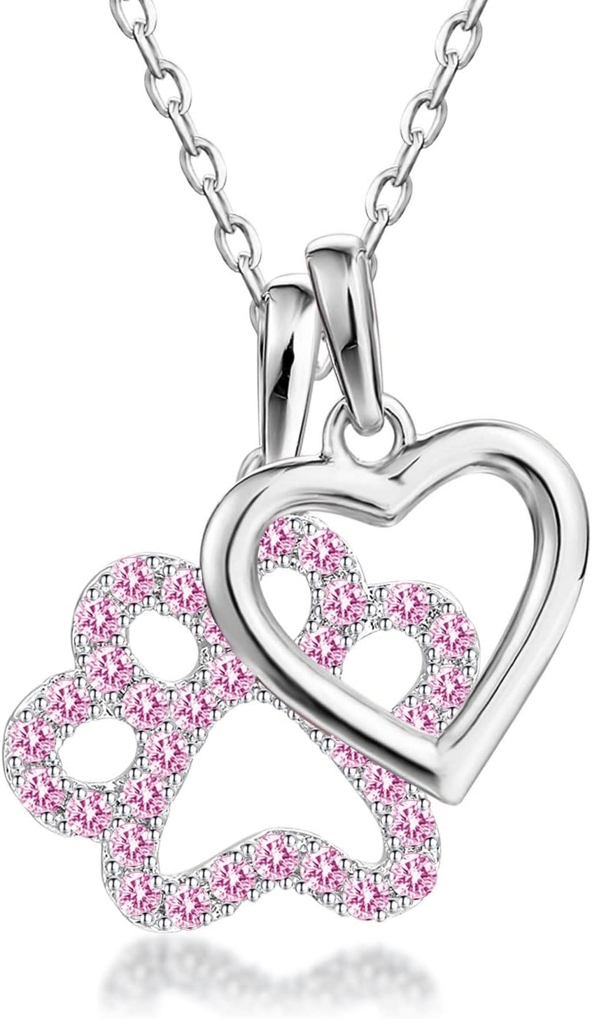 ForuistonCubic Zirconia Paw Print Puppy Dog Pet Love Heart Charm Pendant Necklace for Women Girls Novelty Jewelry Gifts