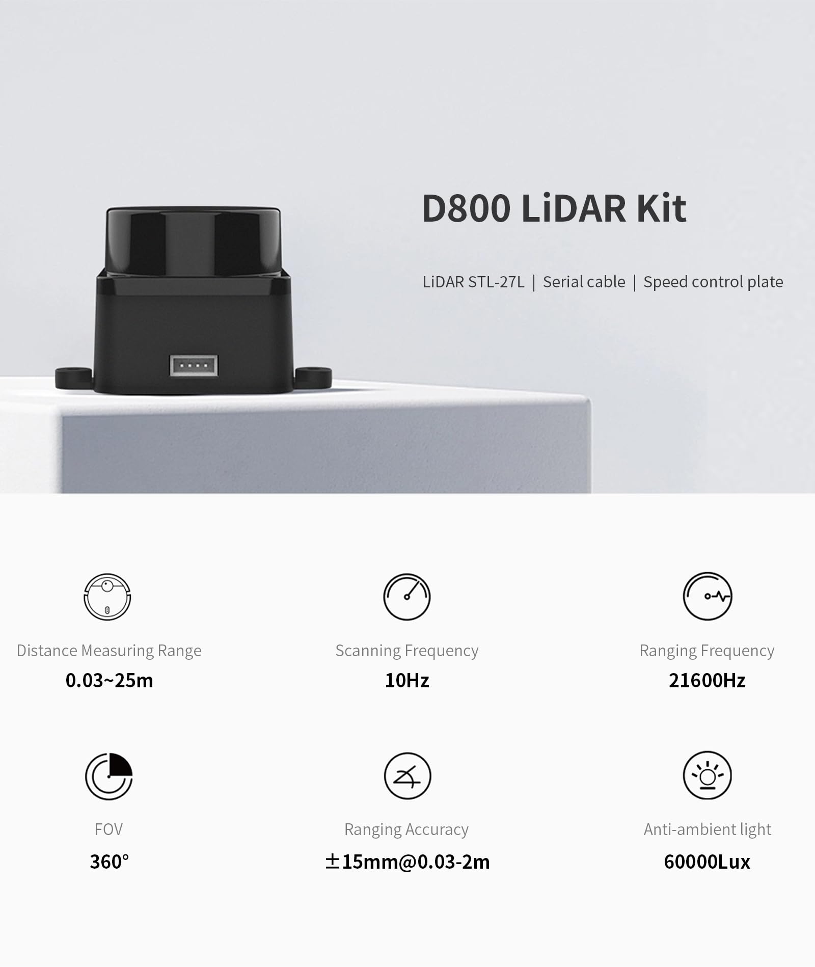 youyeetoo FHL-LD19 Plus (D800) Sensore Lidar – Portata 25 Metri (82 Piedi) a 360°, 2x Potenza LD19; Offre ROS/Raspberry Tutorial per Robot Droni SLAM, Kit Scanner Lidar con Adattatore
