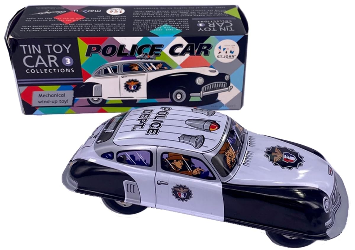 Figura Decorativa de Metal Coche Policia Blanco y Negro Vehículos de Cuerda. Adornos de Colección. Regalos Originales. Decoración Clásica.PR
