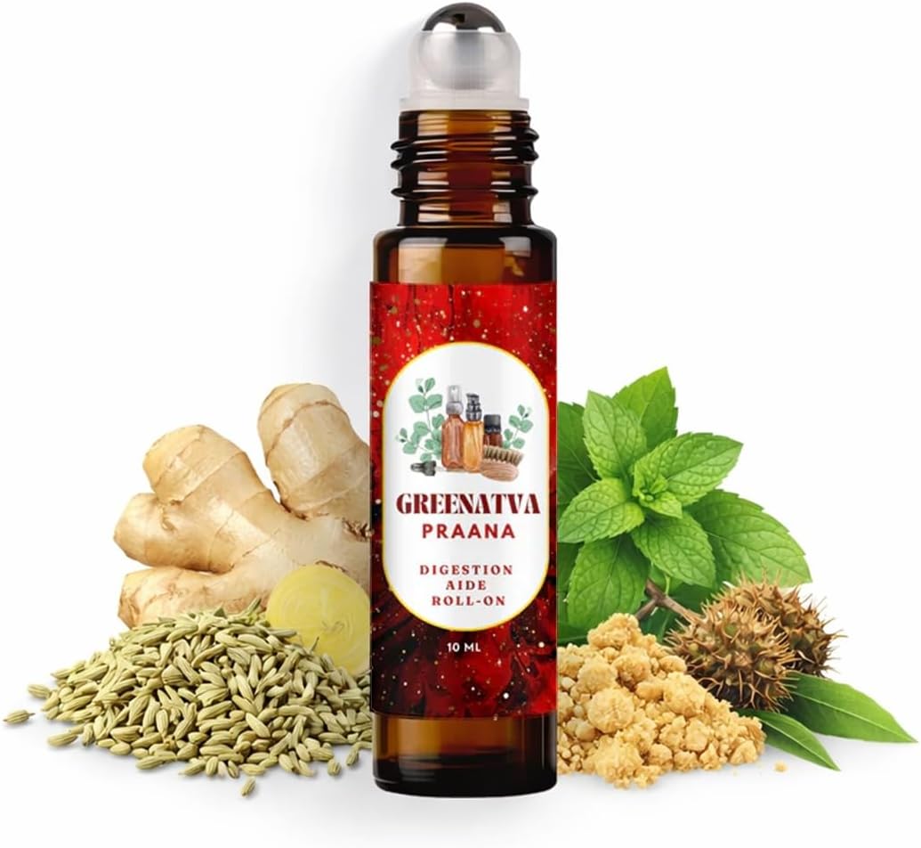 Praana by Greenatva - Tummy Roll On, Nabhi Oil for Relief from Acidity, Bloating, Gas, Indigestion, Heartburn, Constipation | Blend of Hing, Fennel, Castor Oil, No Ranitidine | Hing Roll On | Kids & Adults | 10ml per bottle (Pack of 1)
