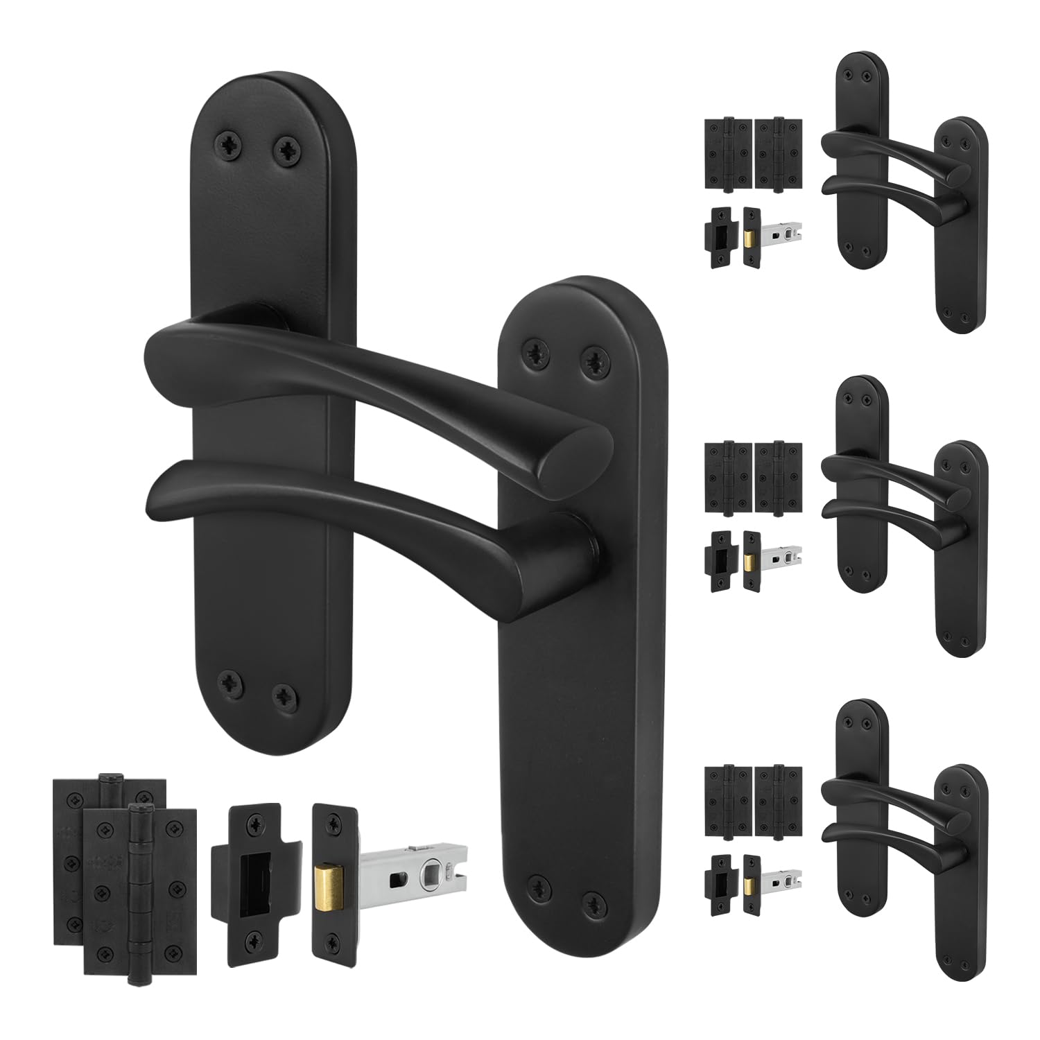 EAI Black Door Handle Latch Set, 4 Pair Matt Black Internal T-Bar Handles, Hinges 76mm Latches 64mm - Novoli