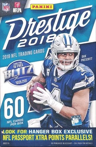 Panini 2018 Prestige Football HUGE Factory Sealed HANGER Box with 64 Cards & EXCLUSIVE PARALLELS! Look for Rookies & Auto’s of Baker Mayfield, Josh Allen, Saquon Barkley & Many More!