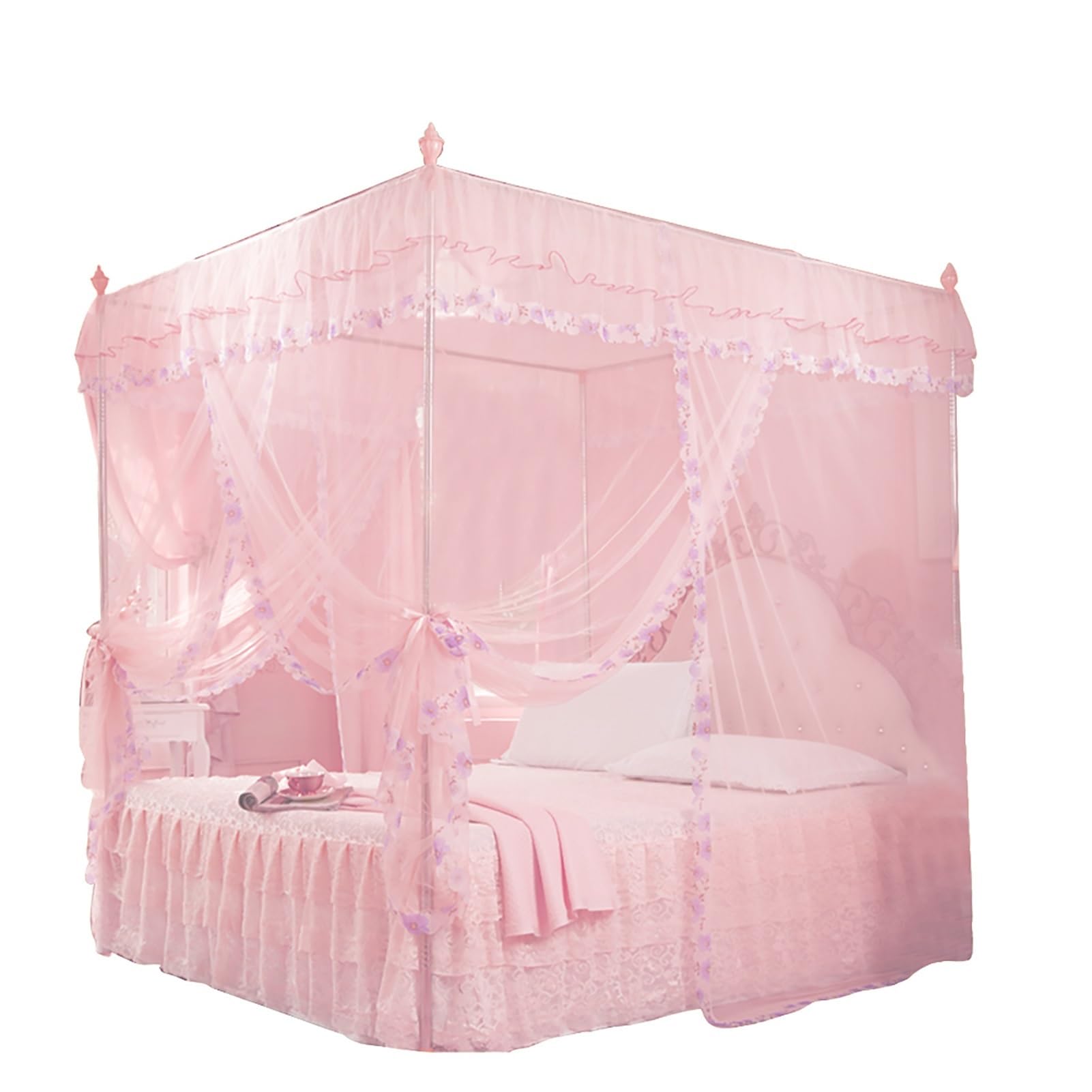 Moustiquaire pour lit avec ouvertures latérales pour grand ciel de lit rose