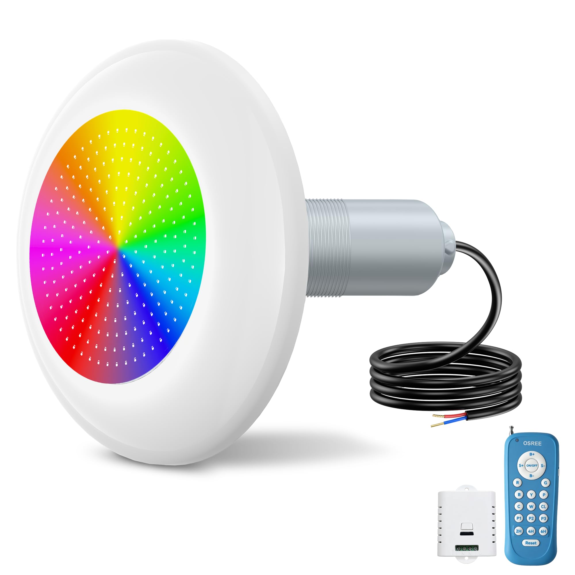 Luci Piscina LED con Filettatura 2", 15W Lampade Piscina RGB Multicolore con Telecomando, 600lm, Ø190mm, 12V AC Riempito Resina Faro per Piscinas Prefabbricate Vetroresina Fuori Terra Acciaio