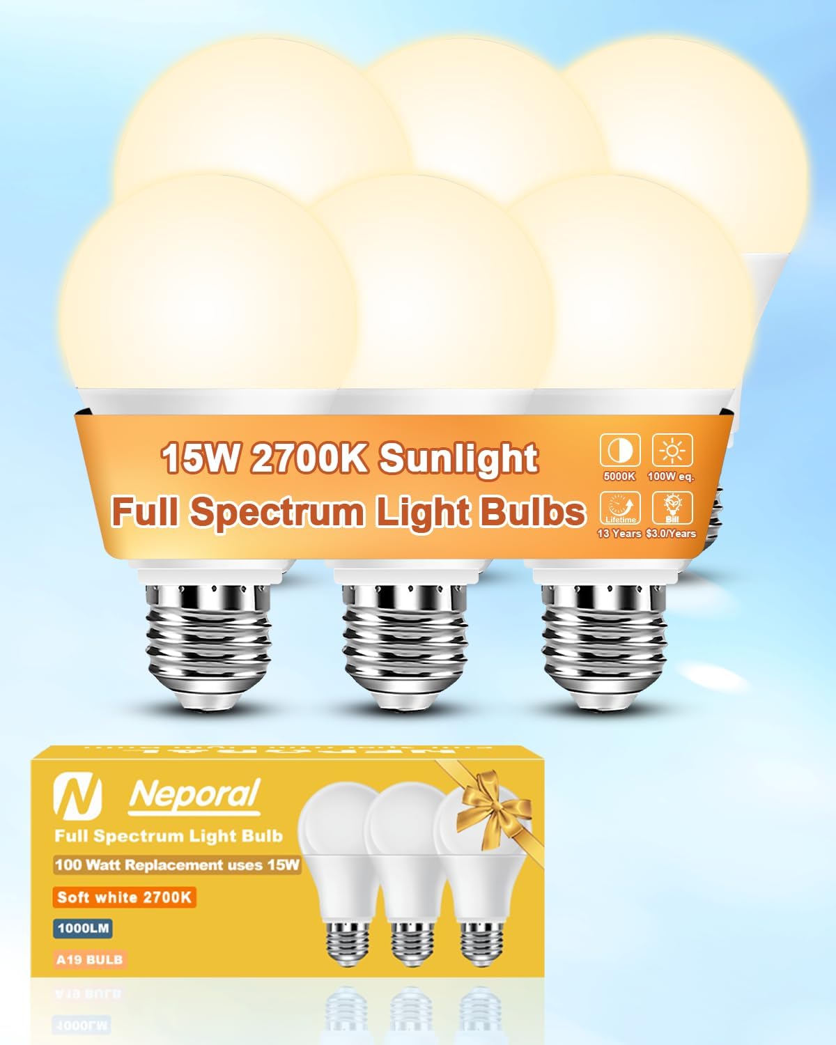 Neporal Full Spectrum Light Bulb 15W LED=100W, 2700K Flicker-Free Warm Light Bulbs, UV-Free & High CRI & Eye-Caring Sunlight Light Bulbs for Human, Home, Office, Plant, E26/E27, 30000H Lifespan, 6PK