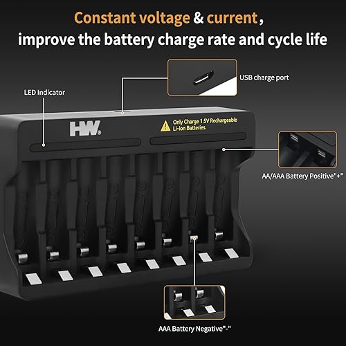 Miniatura 6 de Baterías AA recargables, paquete de 8 baterías de iones de litio dobles A con cargador de 8 bahías, pilas AA reutilizables de larga duración