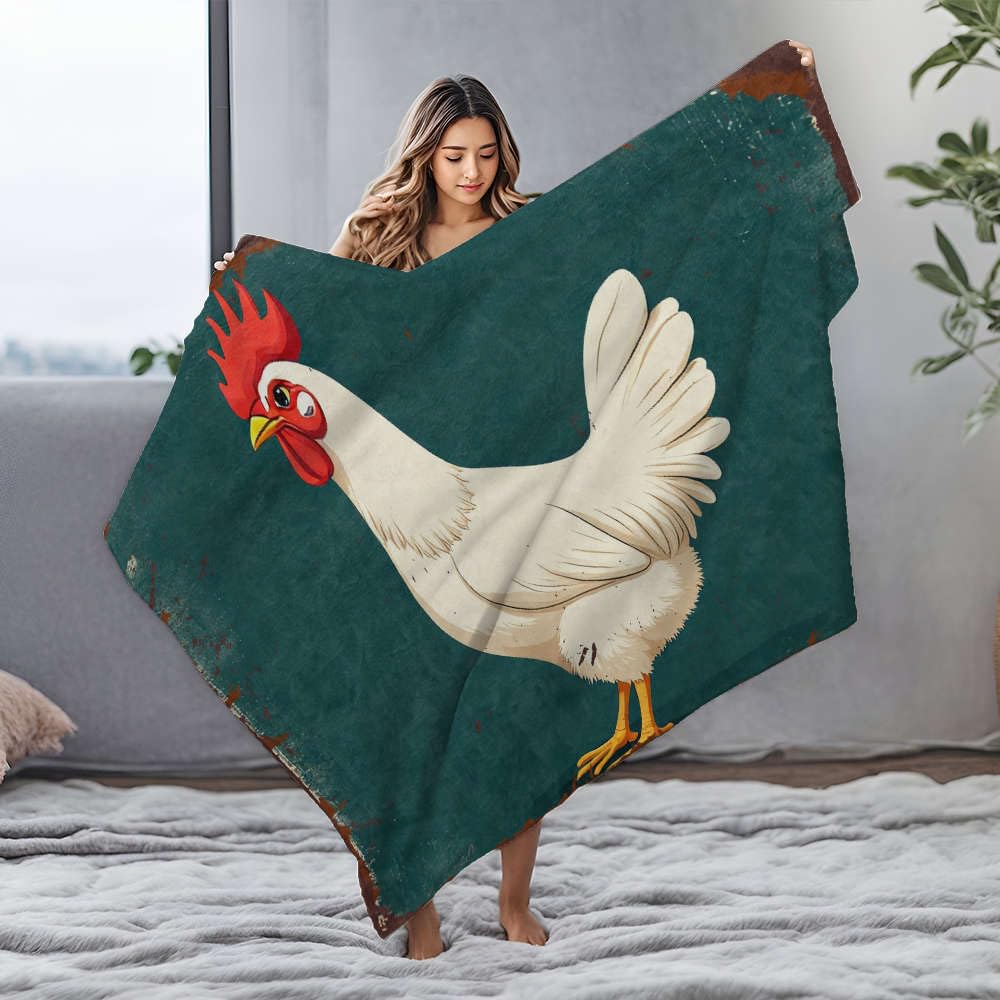 Couverture blanche en flanelle thermo-isolante et ultra douce motif poule