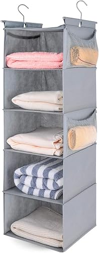 MAX Houser Organizador colgante de armario de 5 estantes, ahorro de espacio, estantes colgantes de armario con (4) bolsillos laterales, plegable
