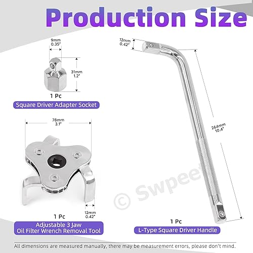 Miniatura 2 de Swpeet 3 piezas de llave universal de filtro de aceite de 3 mandíbulas y adaptador de controlador cuadrado de 3/8 pulgadas y mango cuadrado de 1/2