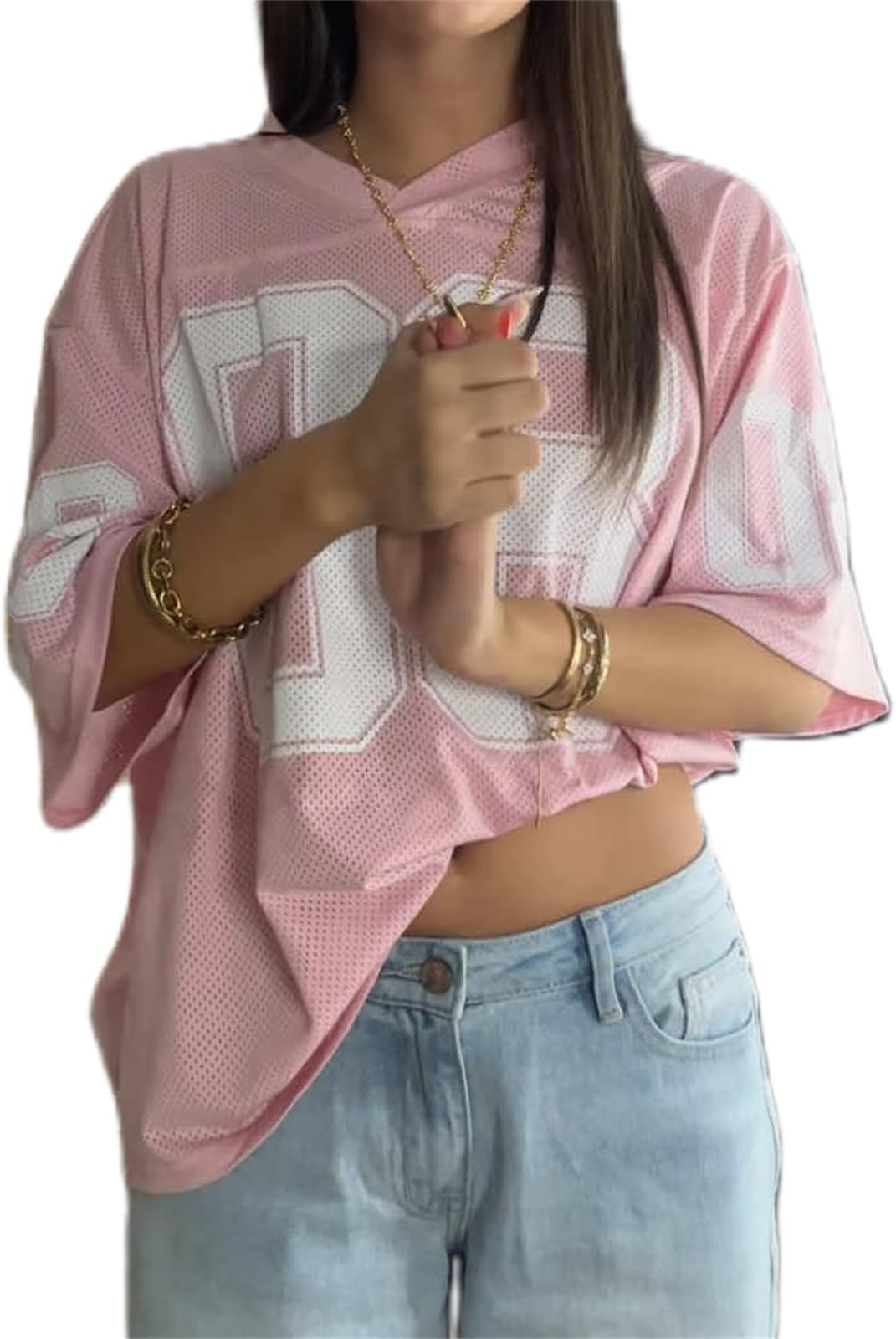 Oversized Jersey Shirts for Women Y2k Number Graphic Print V Neck Short Sleeve Aesthetic Summer T-Shirt Streetwear