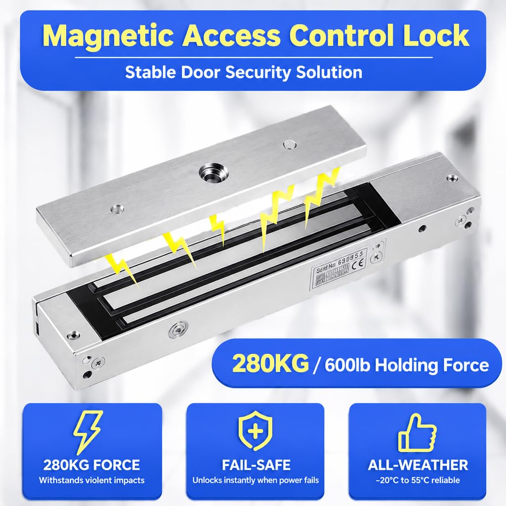 Kit completo de acceso a la puerta con teclado de metal, fuente de alimentación de 12 V, cerradura magnética de 280 kg, botón de salida, 15 llaveros de identificación - 1000 usuarios, tarjeta/PIN