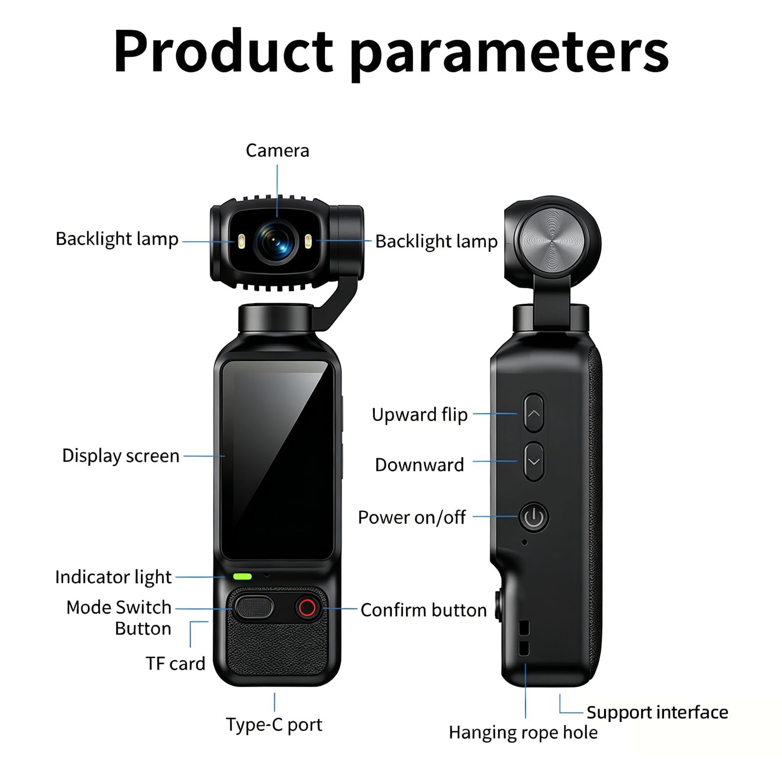 Videocamera per vlogging 4K HD da 1,97 pollici, videocamera gimbal tascabile portatile, riprese multi-angolo a 180° per ciclismo, viaggi, sport, equitazione e attività all'aperto,Black-134*42*31mm