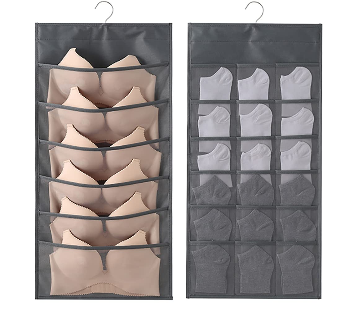 2 Pack Closet Hanging Organizer Storage with Mesh Pockets for Underwear Bra Underpants Socks, Dual Sided Wall Shelf Wardrobe Clothes Bags with Rotating Metal Hanger,(6+18 Pockets) (Grey)