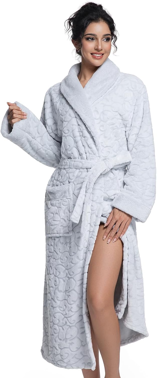 Womens Long Fleece Robe Soft Plush Robes for Women Warm Bathrobes Comfy House Coat Full-length with Pocket - Image 4