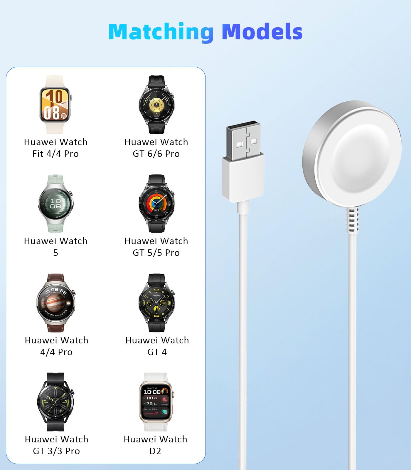 MoKo Magnetic Charger Compatible with Huawei Watch GT6/5/4/3/2 Pro/Watch 5/4/3/Fit 4/Ultimate/D2 - Standard & Pro Models, Aluminum Alloy Charger Dock with a 100 cm Charging Cable, White