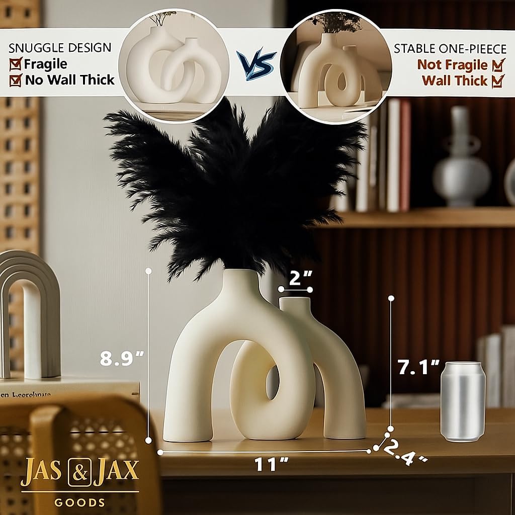Cream White Decorative Vase Set - Modern Hug Donut Ceramic Vases by JAS & JAX GOODS, Minimalist Boho Style Centerpiece for Console Table, Living Room, Bookshelf, or Fireplace Mantel