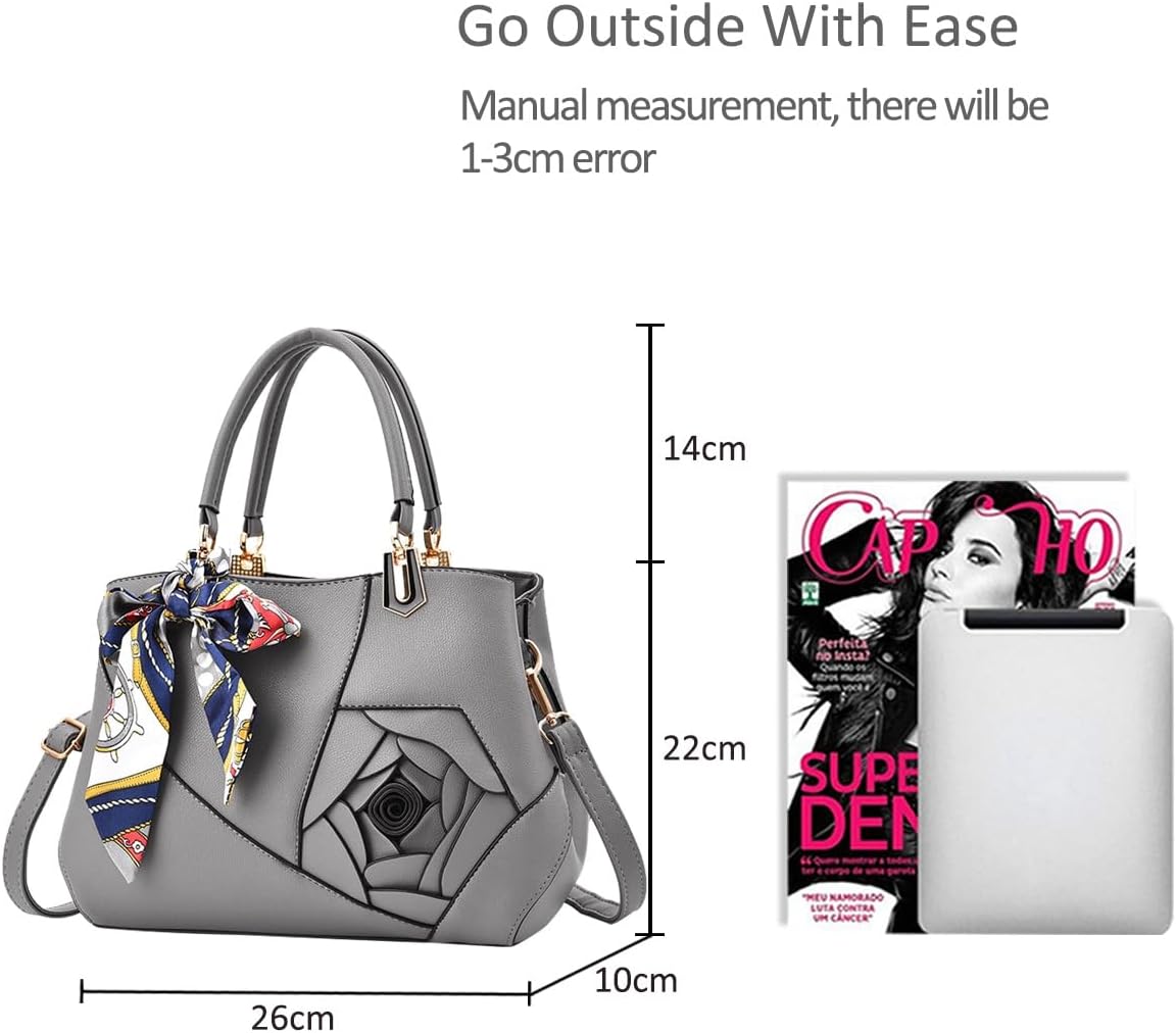 NICOLE&DORIS Flowers Handbag for Women Top Handle Bags PU Leather Messenger Bag Fashion Shoulder Bag Tote Satchel Ladies Crossbody Bag Gray