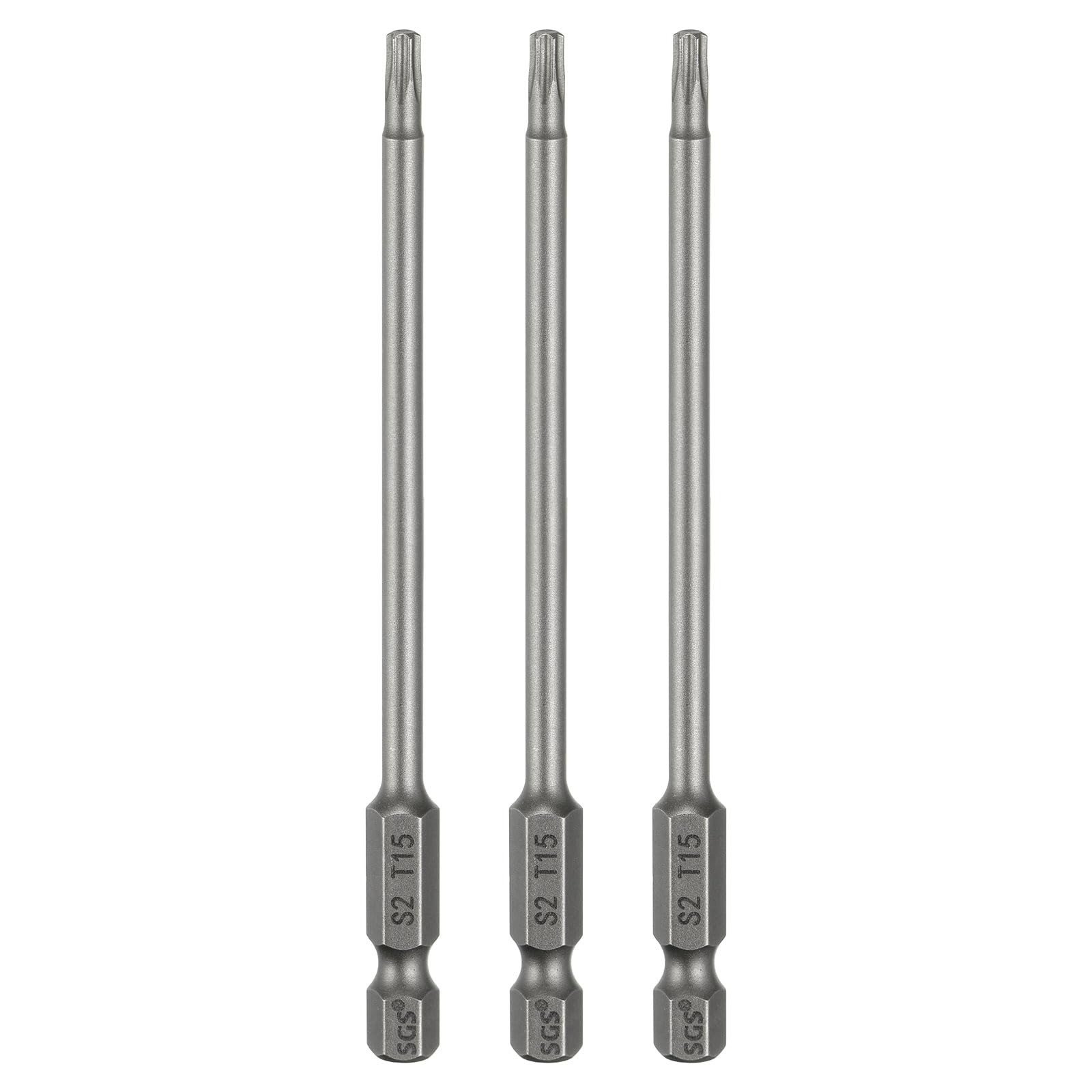 sourcing map 3pcs T15 Torx Head Screwdriver Bit 1/4" Hex Shank 4" (100mm) Long Magnetic No Hole Tip Tamper Proof 6 Point Star Screw Driver Drill Bits S2 Steel Industrial Power Screwdrivers