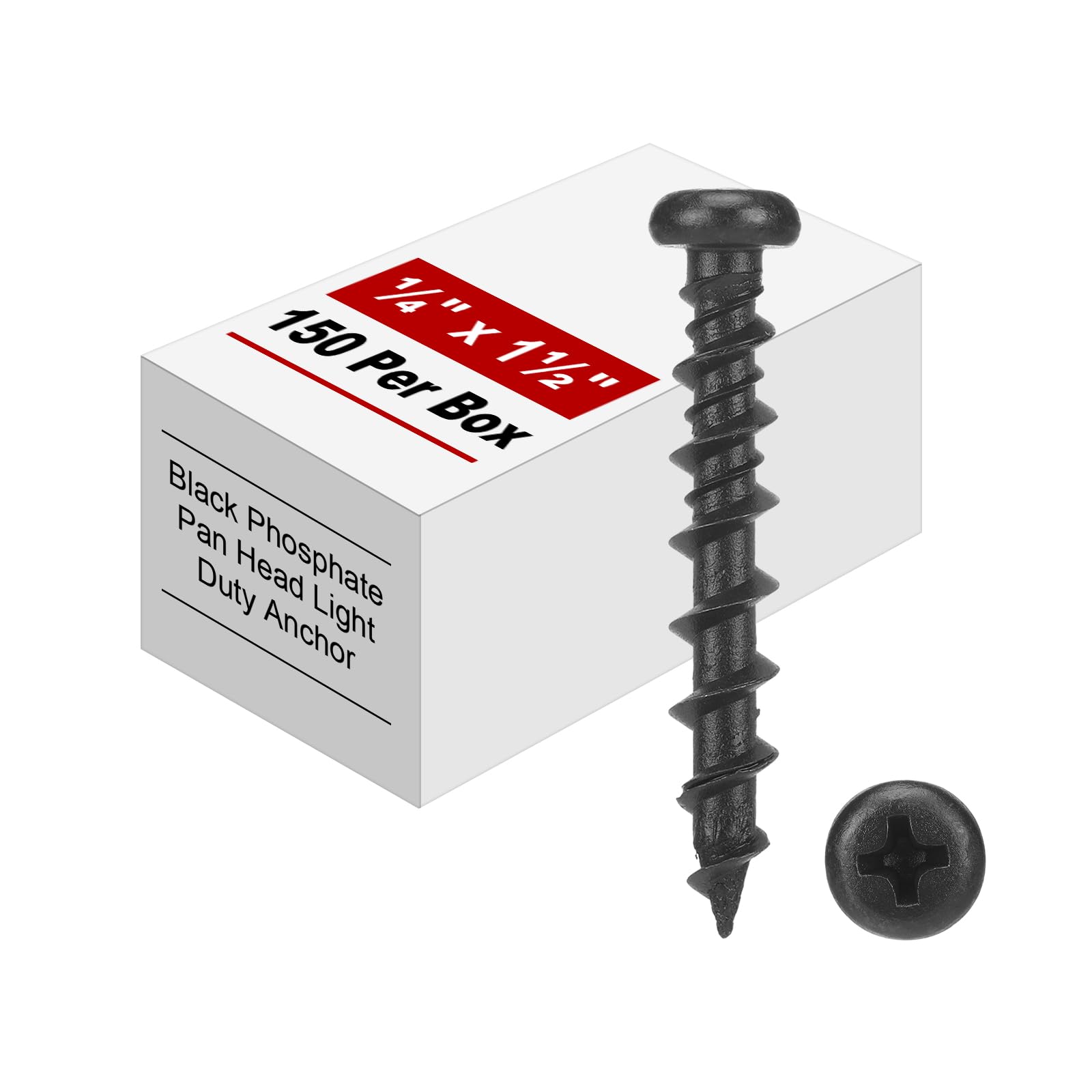 150 viti autofilettanti da 1/4" x 1-1/2" in fosfato nero a testa cilindrica, per lavori leggeri, per pareti, cartongesso, legno, cemento, mattoni e altri materiali in muratura