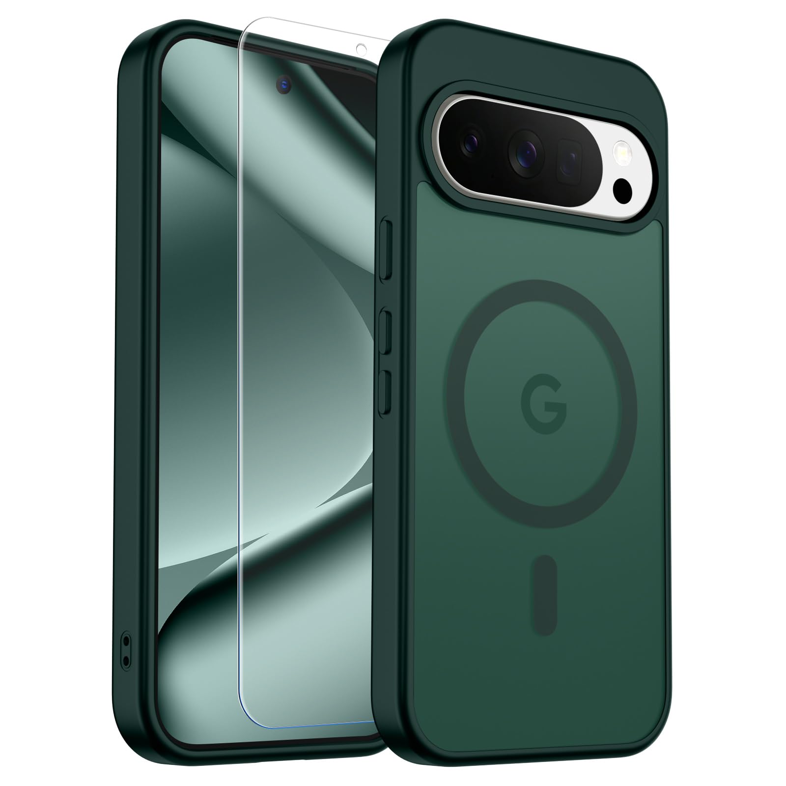 SUPFINE Magnetic for Google Pixel 10 Pro Case/Pixel 10 Case with Screen Protector, (Built-in Magnets) ((Military Grade Drop Protection) Slim Translucent Shockproof Phone Case,Forest Green