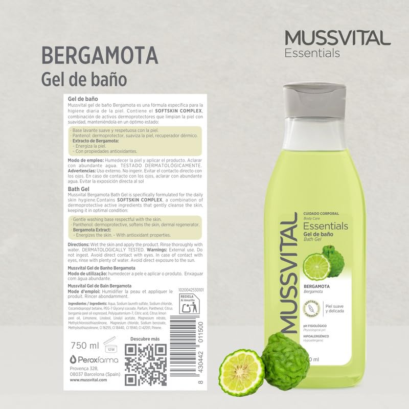 MUSSVITAL Essentials Bergamot Bath Gel 750 ml, pH 5.5 Physiological, with Panthenol, Gentle Washing Base, Daily Skin Cleaning, Body Hygiene - 3
