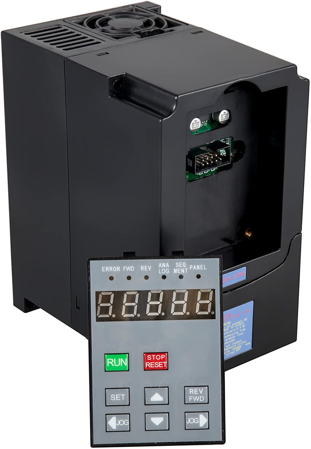 VEVOR VFD unit with its detachable control panel shown separately, displaying the digital interface and control buttons.
