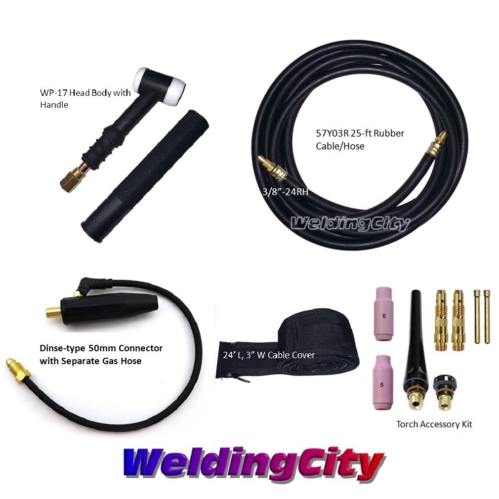 WeldingCity Chłodzony powietrzem palnik spawalniczy TIG 150 A WP-17 kompletny pakiet z wężem zasilającym 7,6 m i adapterem kabla Dinse 35-50 (solidny 1/5.1 cm) (z oddzielnym gazem)