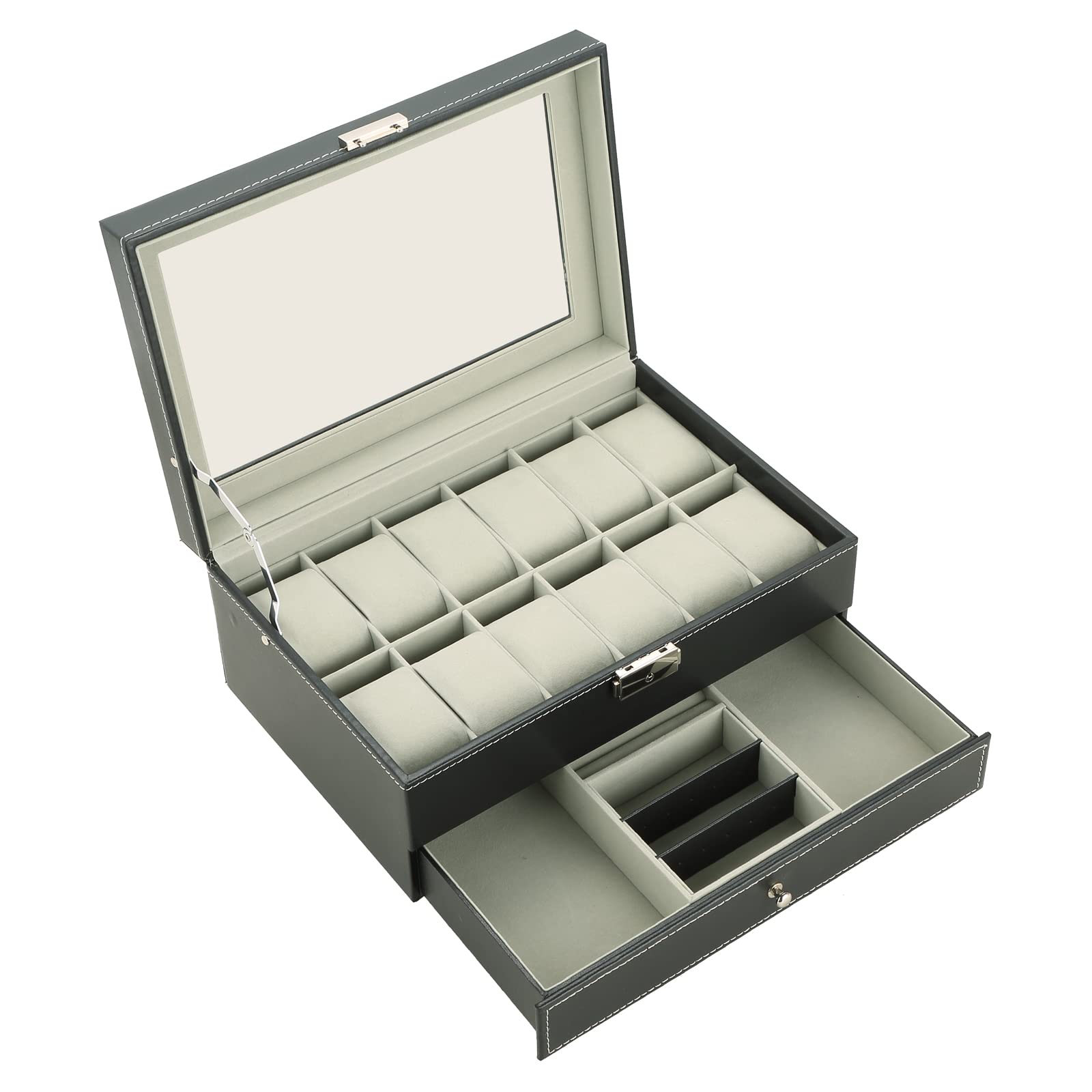 MYFULLY 12 Slots Watch Case with Jewelry Organizer Drawer for Women Men, PU Leather Watch Collection Box with Glass Lid & Removable Pillows, 2 Layers Watch Organizer Box for Storage and Display