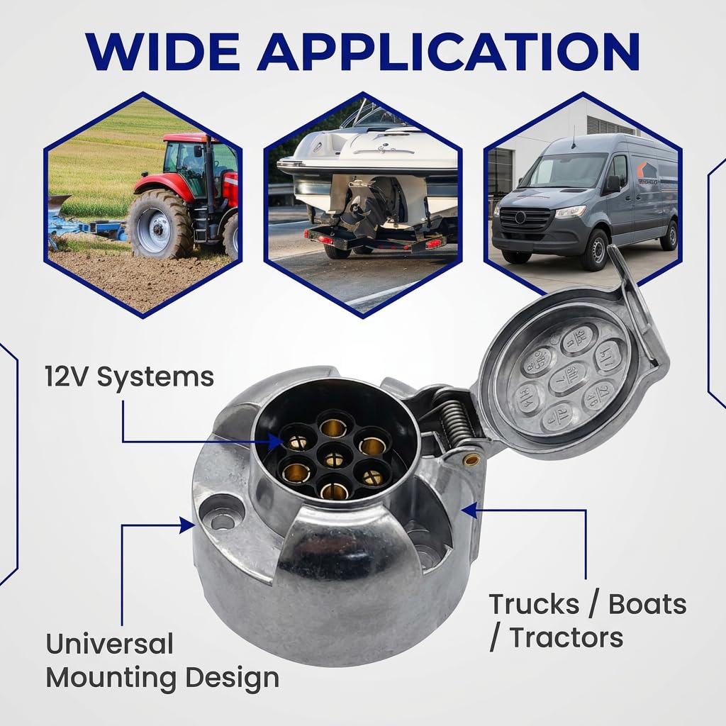 7 Pin Trailer Socket Metal with Rubber Gasket 12V Waterproof 7 Pin Trailer Metal Socket Connector Aluminium Trailer Female 7Pole for Truck RV Cars Boat Caravan Towbar Towing Light (Aluminium Alloy) — view 7
