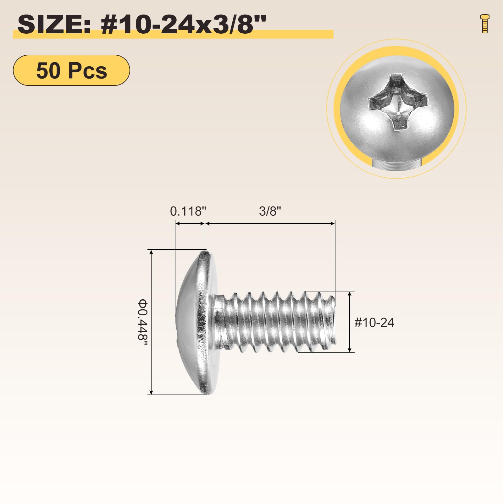 METALLIXITY Machine Screws Phillips Head(#10-24x3/8") 50Pcs, 304 Stainless Steel Round Head Phillips Drive Furniture Bolts - Image 2