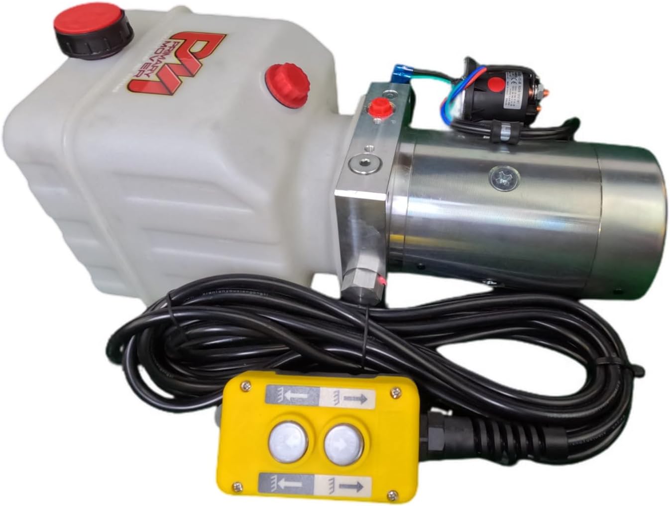 12Vdc DLH Hydraulic Pump for Dump Trailer - Pump Hydraulic Power Unit - Single Acting Dump Trailer Pump (4 Quart) Poly Reservoir with Remote Controller