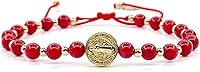 Vista 49 de Pulsera ajustable con moneda de San Benito y cuentas redondas naturales de coral rojo para mujer