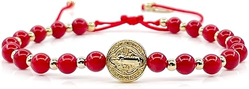 Miniatura 49 de Pulsera ajustable con moneda de San Benito y cuentas redondas naturales de coral rojo para mujer