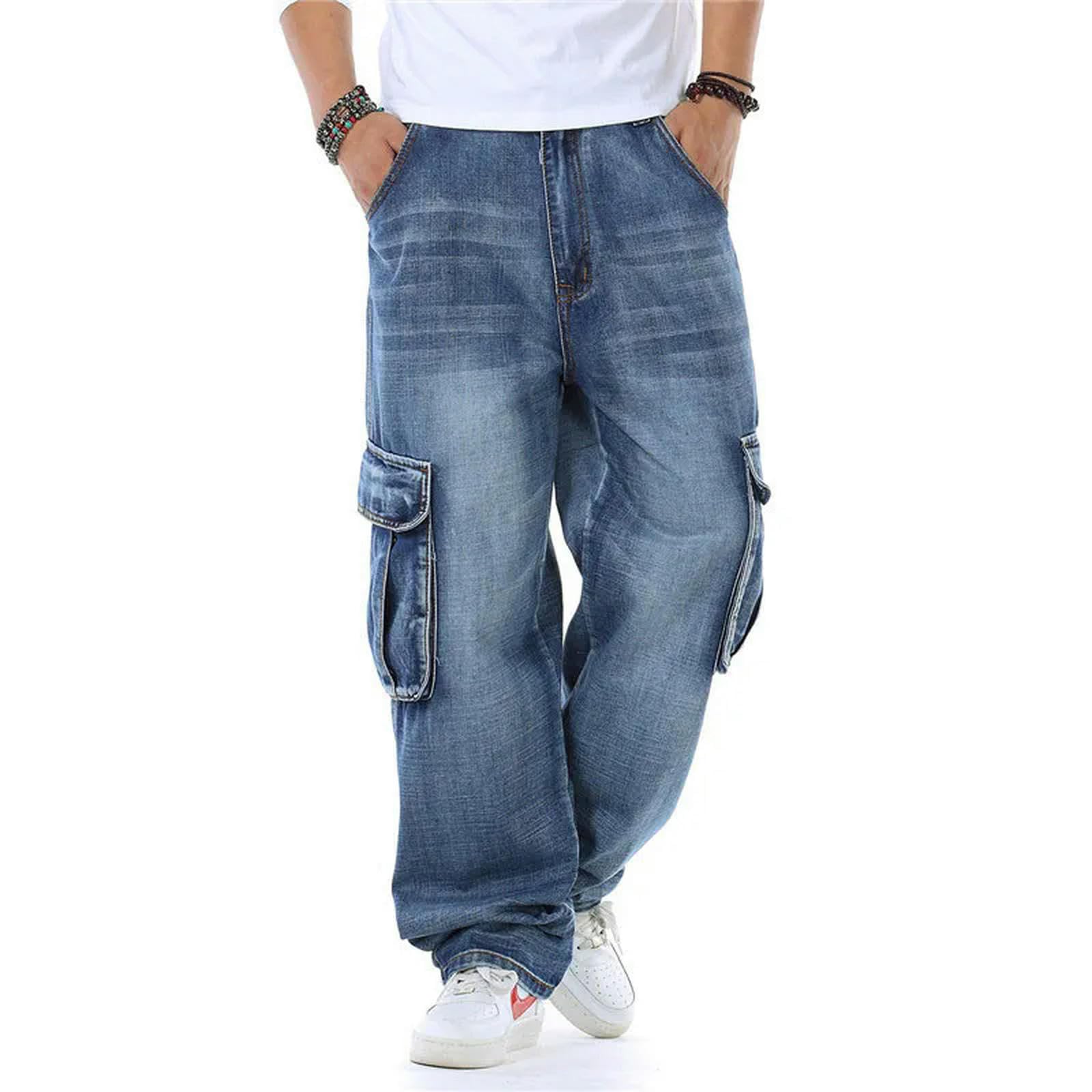 Jeans para Hombres Pantalones Cargo De Mezclilla Rectos para Hombres Jeans De Motorista Vaqueros Holgados De Color Azul Suelto para Hombres con Bolsillo Lateral-Azul-34