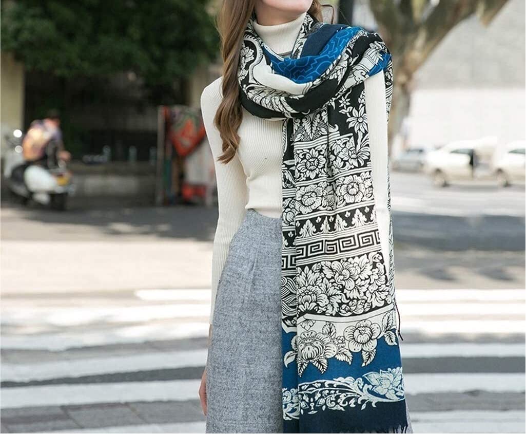 Chal de Moda Bufandas Poncho Bufanda, Bufanda 100% Cachemira Mantón de Borla de Invierno Primavera y otoño Capa de Fotos de Viaje for la Madre (Color: Azul, tamaño: 245 × 110 cm)